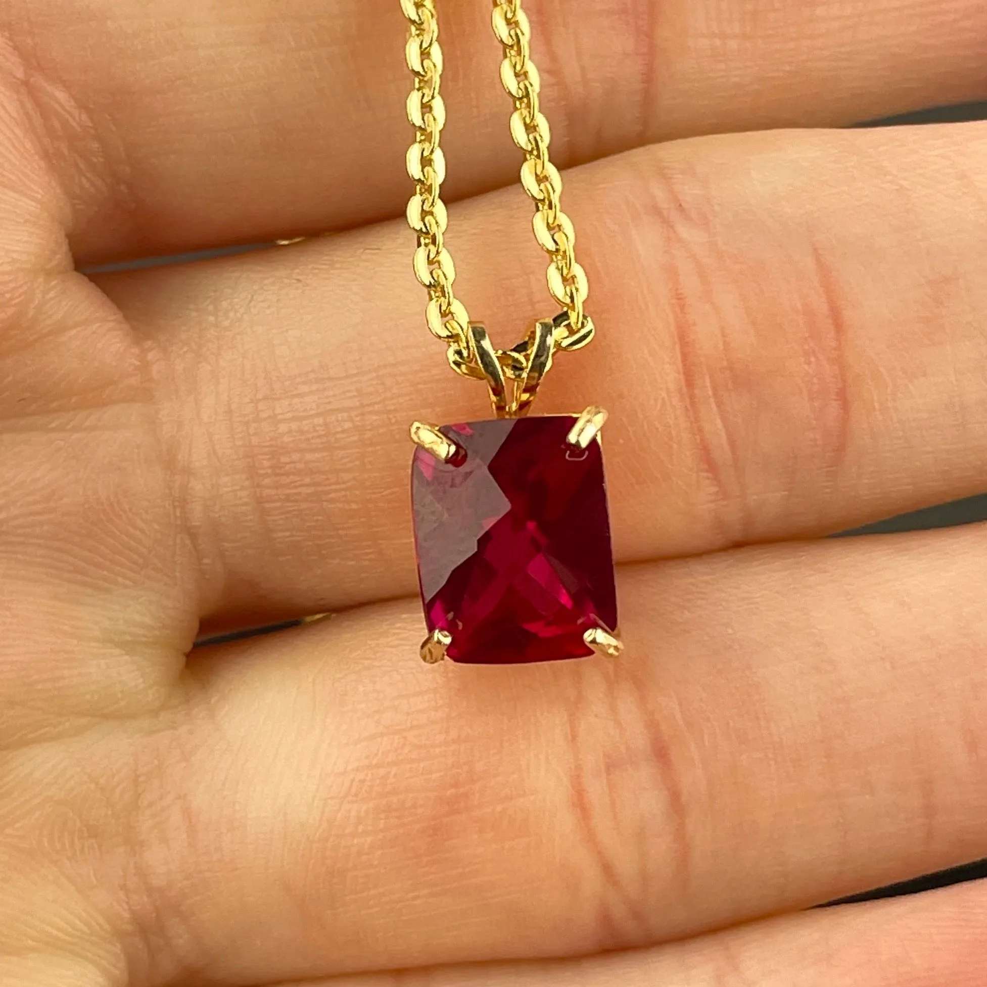 14K Gold Large Emerald Cut Ruby Pendant Charm Necklace