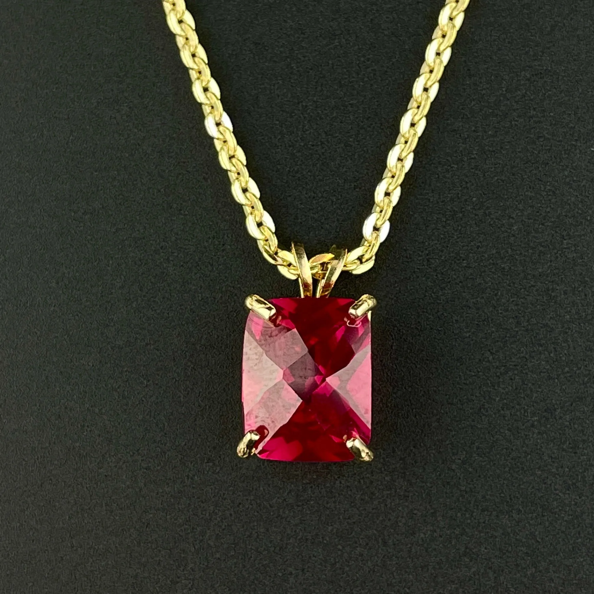 14K Gold Large Emerald Cut Ruby Pendant Charm Necklace