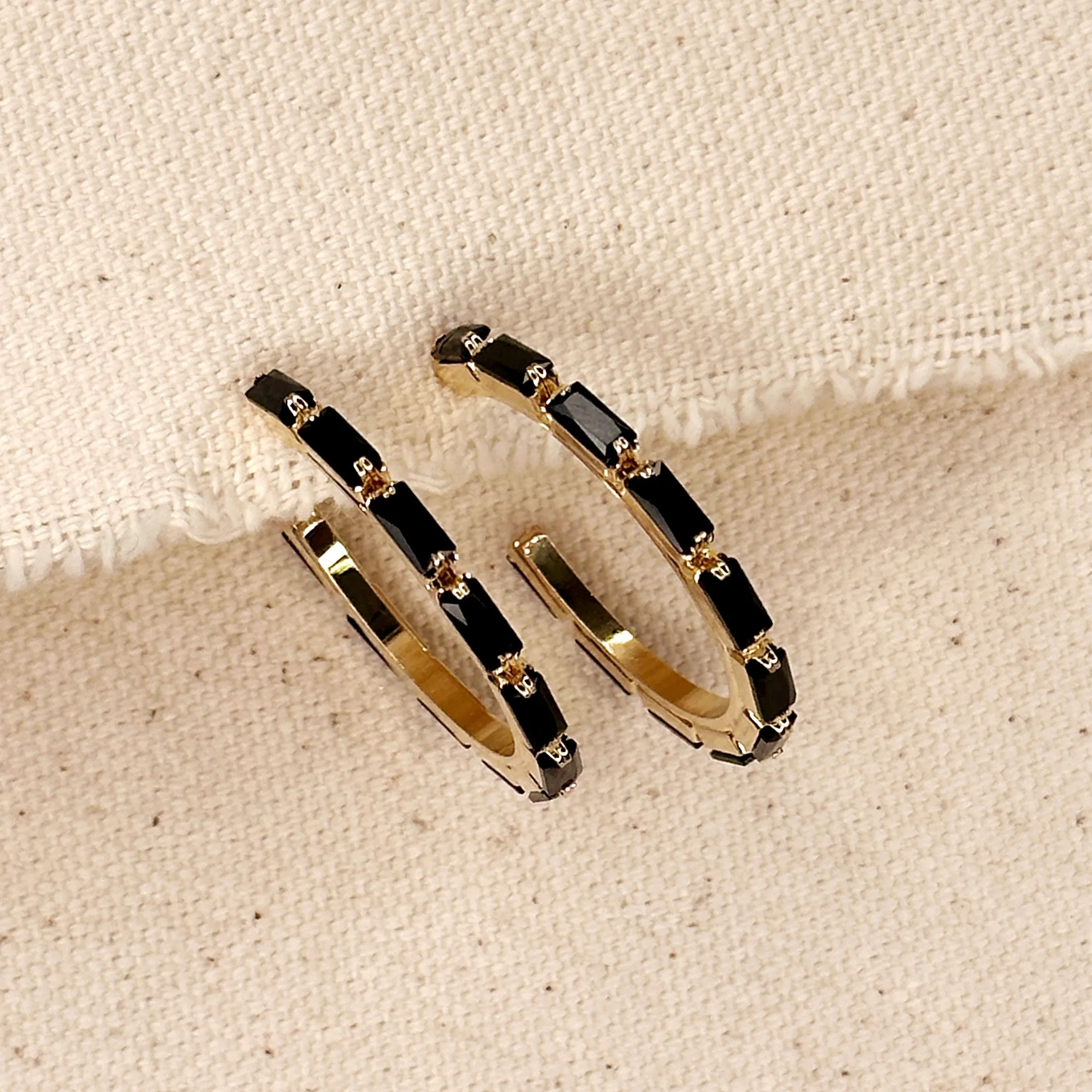 18k Gold Filled Black Baguette Cubic Zirconia Hoop Earrings