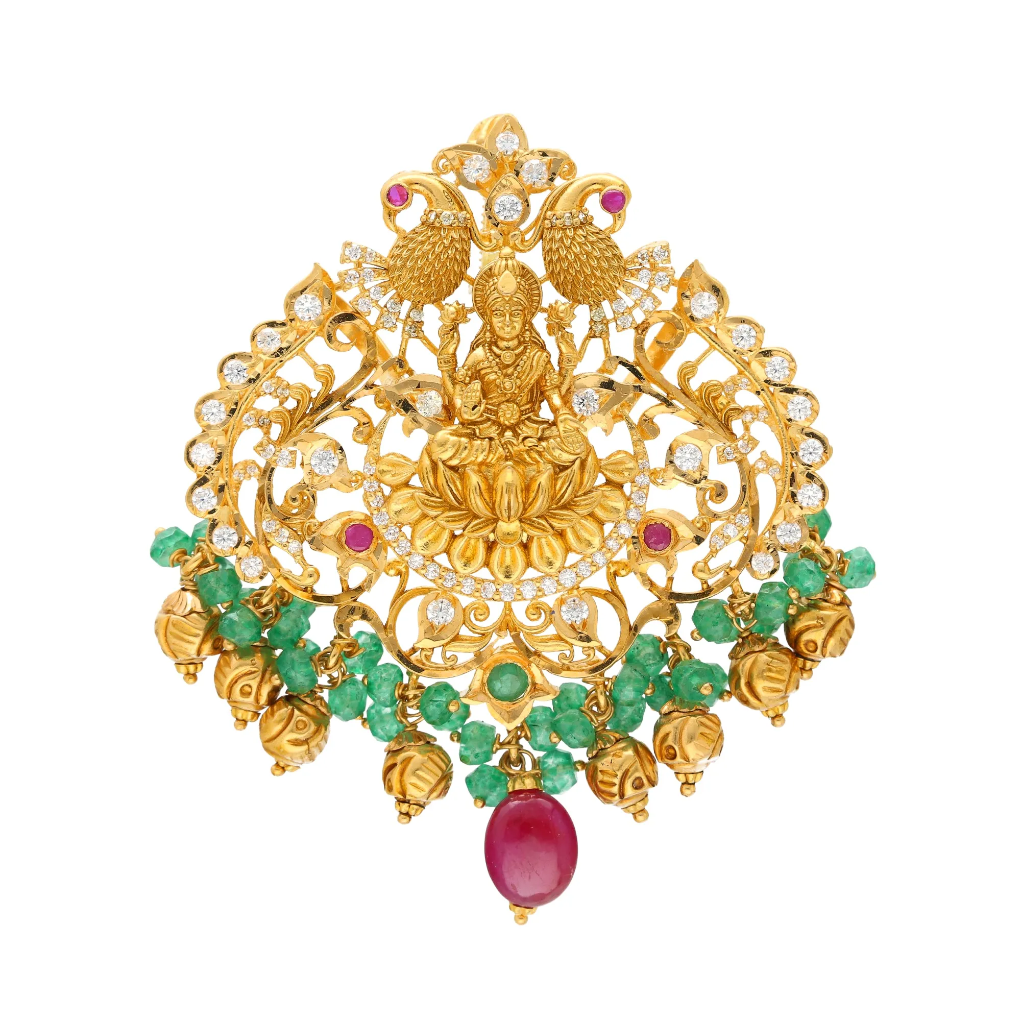 22K Yellow Gold Laxmi Pendant w/ Emeralds, Rubies and CZ (21.6gm)