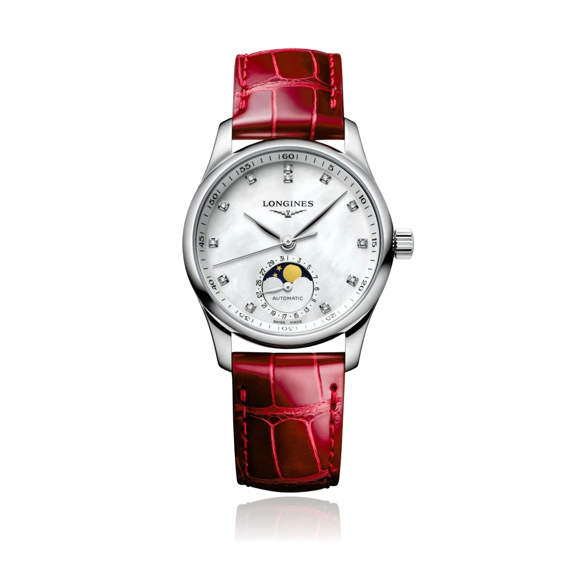 34MM LONGINES MASTER COLLECTION AUTOMATIC WATCH WITH WHITE MOTHER-OF-PEARL DIAL AND MOONPHASE SUBDIAL