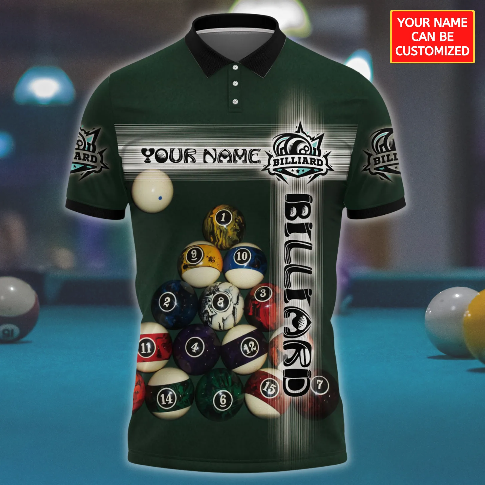 3D All Over Print Green Custom Name Billiard Unisex Polo Shirt, Cool Gift for Pool Player