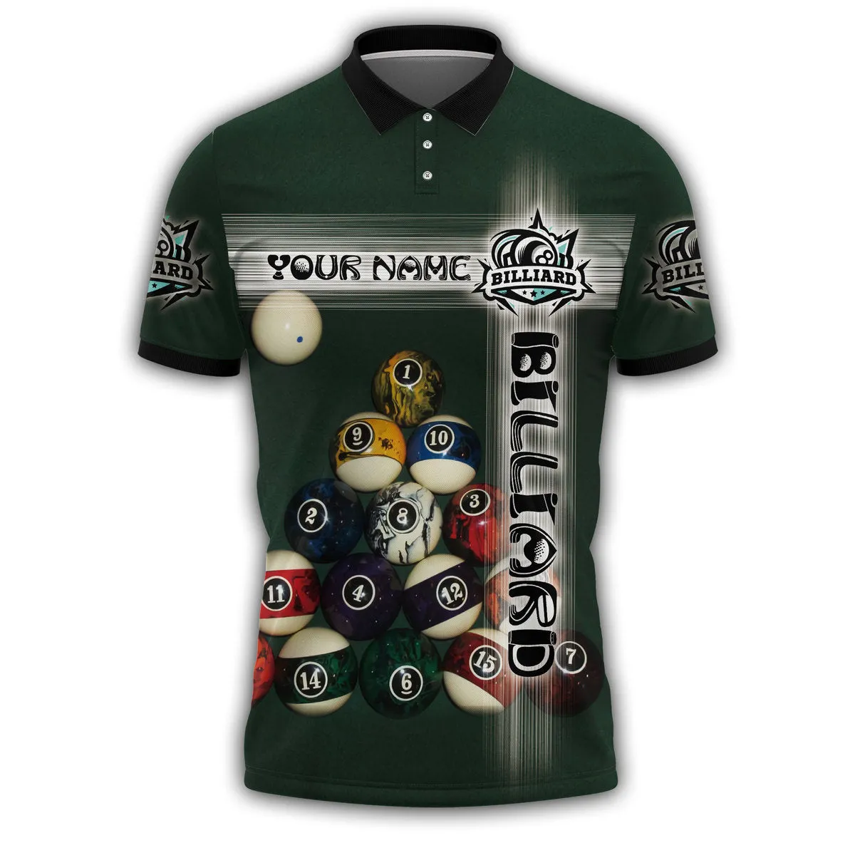 3D All Over Print Green Custom Name Billiard Unisex Polo Shirt, Cool Gift for Pool Player