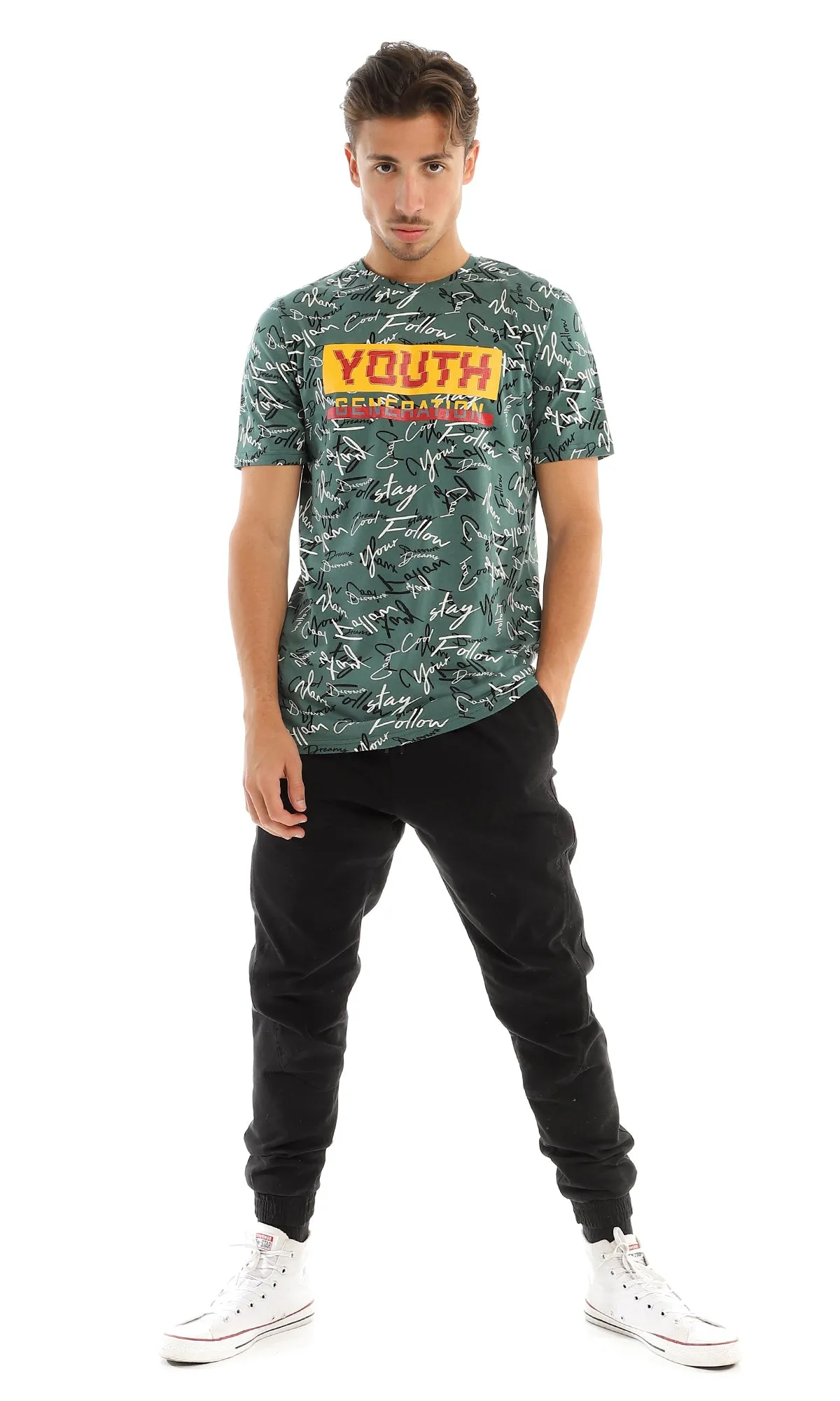 97370 Youth Generation Printing & Self Patterned Green T-Shirt