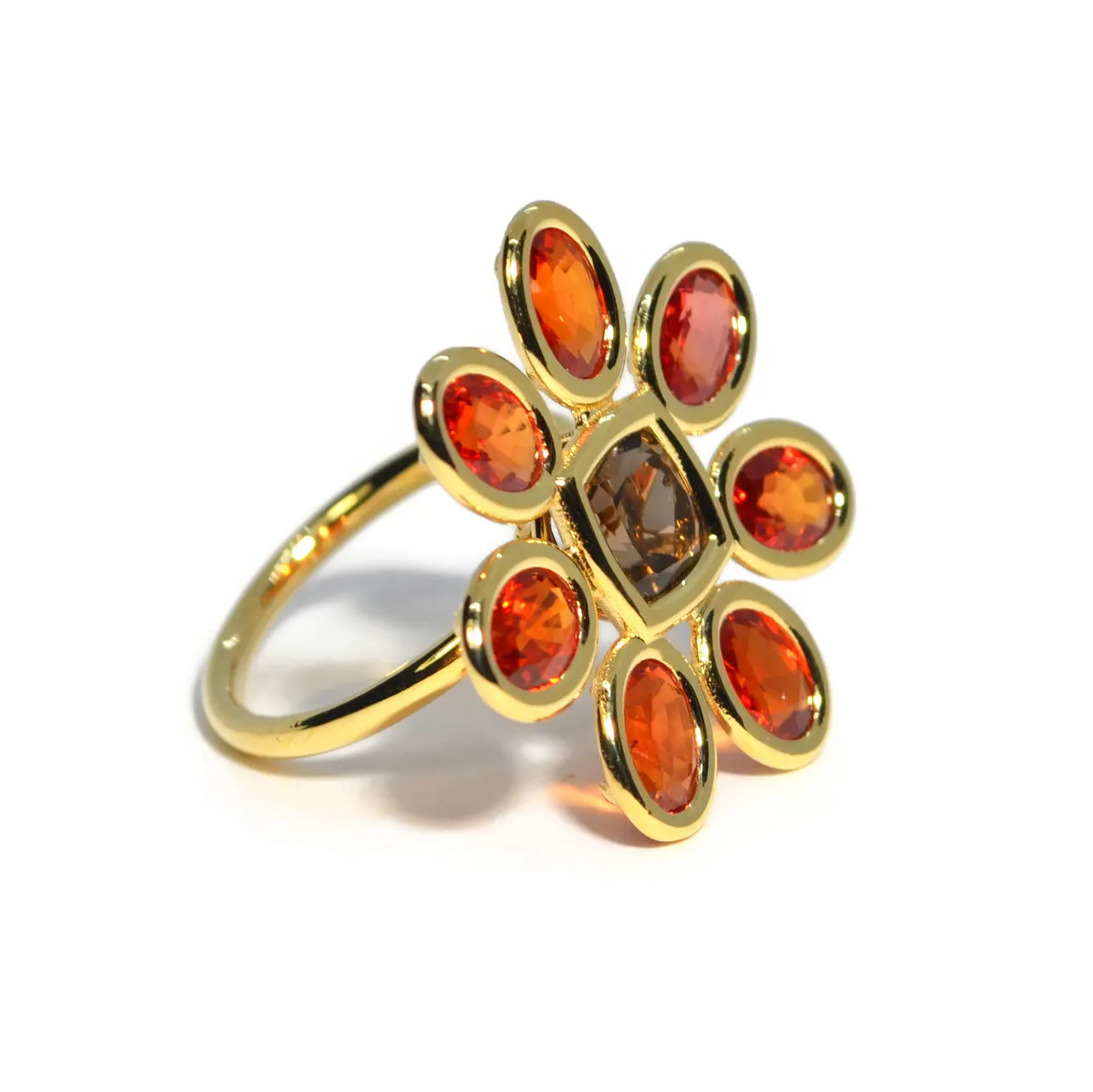 A & Furst - Fiori - Cocktail Ring with Orange Sapphires and Smoky Quartz, 18k Yellow Gold