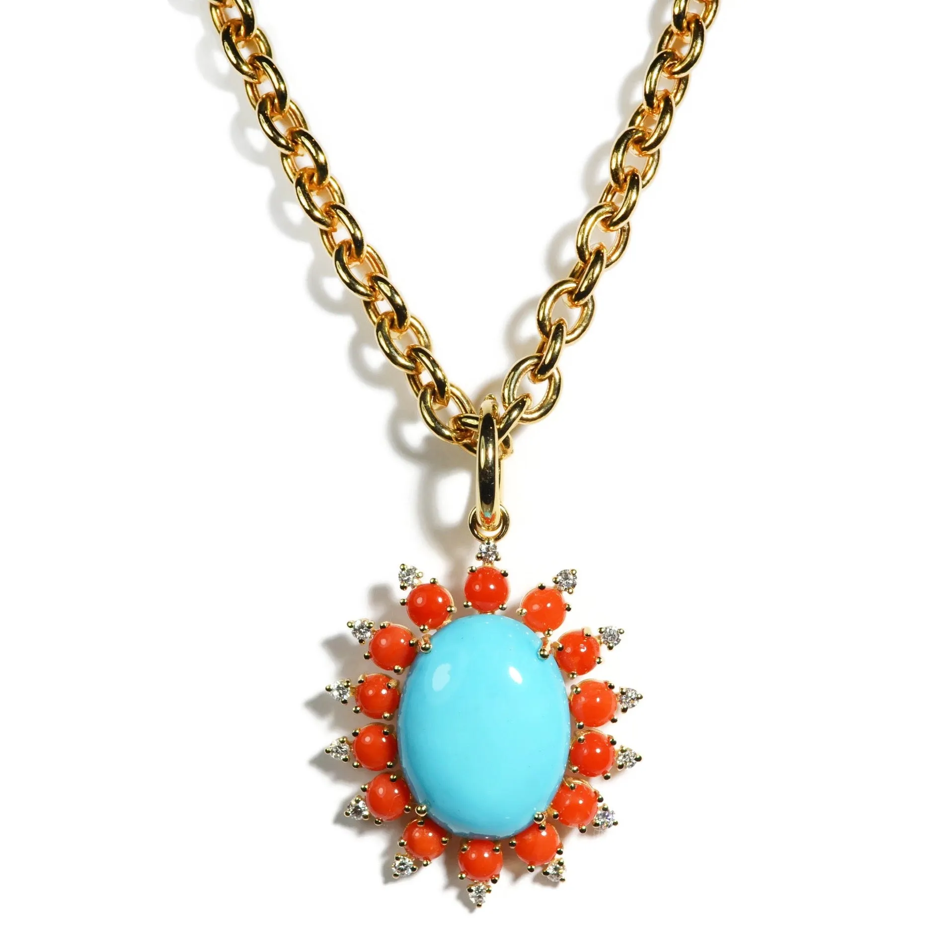 A & Furst - Sole - Pendant with Natural Arizona Turquoise, Natural Red Coral and Diamonds, 18k Yellow Gold