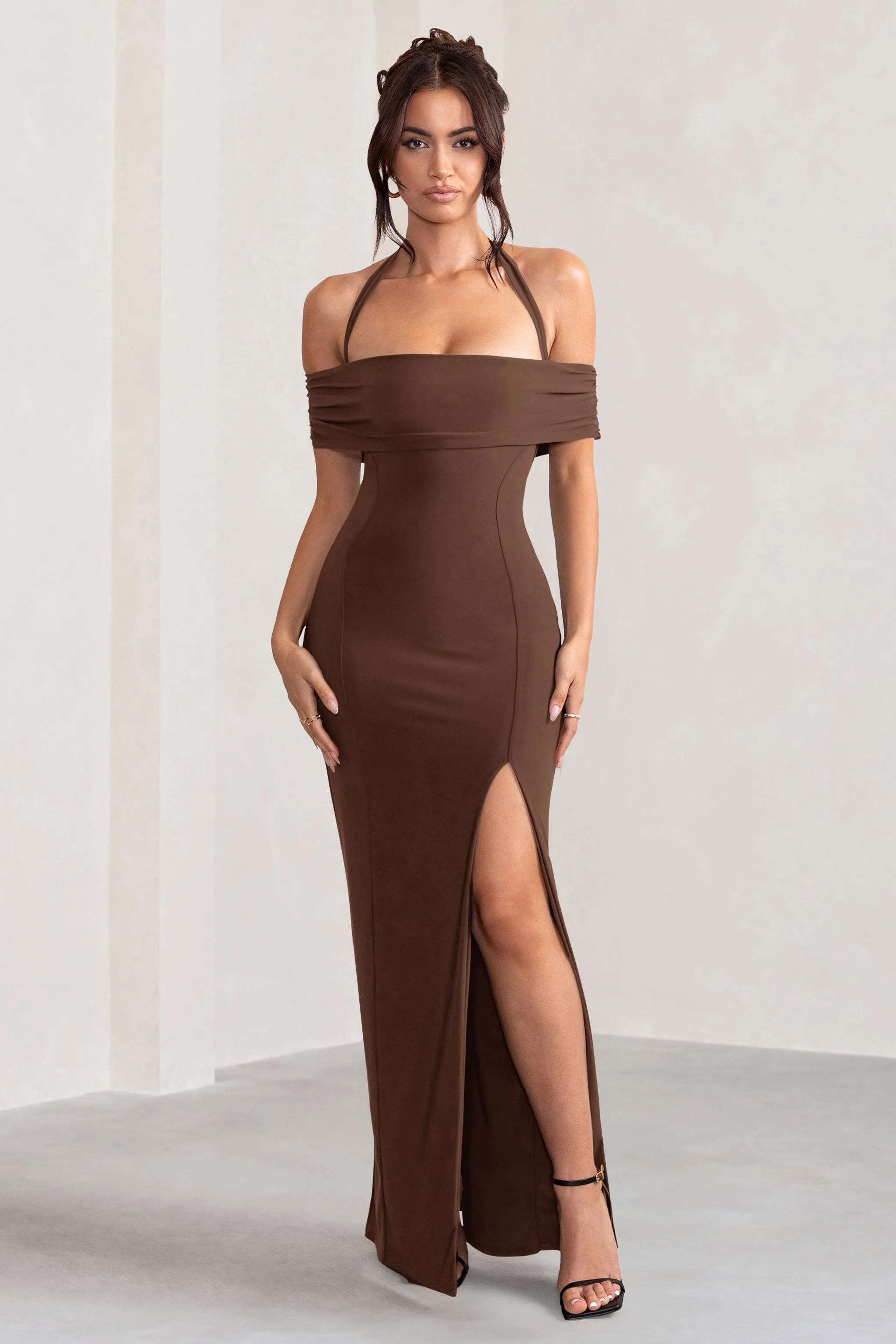 Anisa | Chocolate Brown Layered Halter Neck Bardot Maxi Dress With Thigh Split