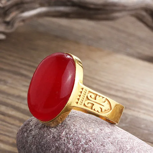 Artdeco Men's Ring in 14k Yellow Gold with Red Agate Natural Stone