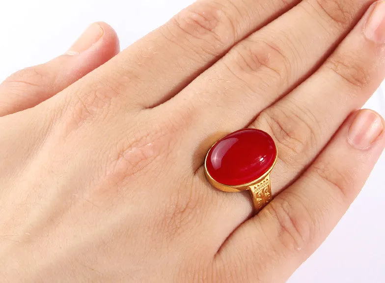 Artdeco Men's Ring in 14k Yellow Gold with Red Agate Natural Stone