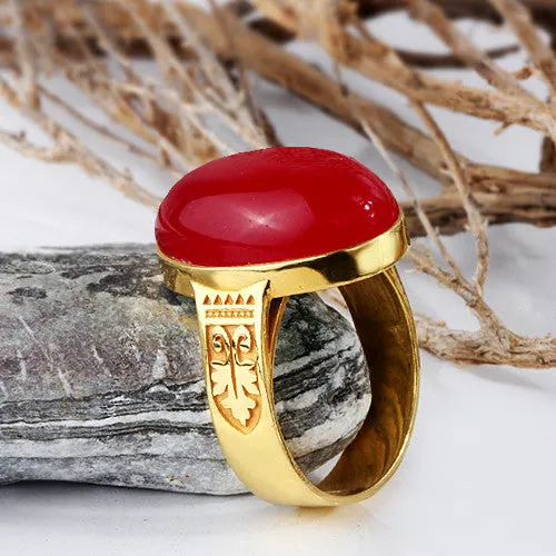 Artdeco Men's Ring in 14k Yellow Gold with Red Agate Natural Stone