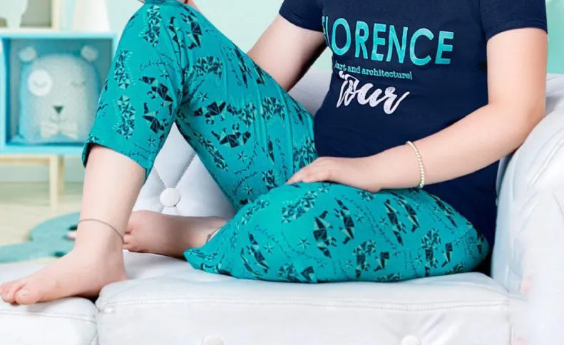 Attractive Navy Blue And Teal Blue Short Sleeve Round Neck Rich Cotton Pajama Set