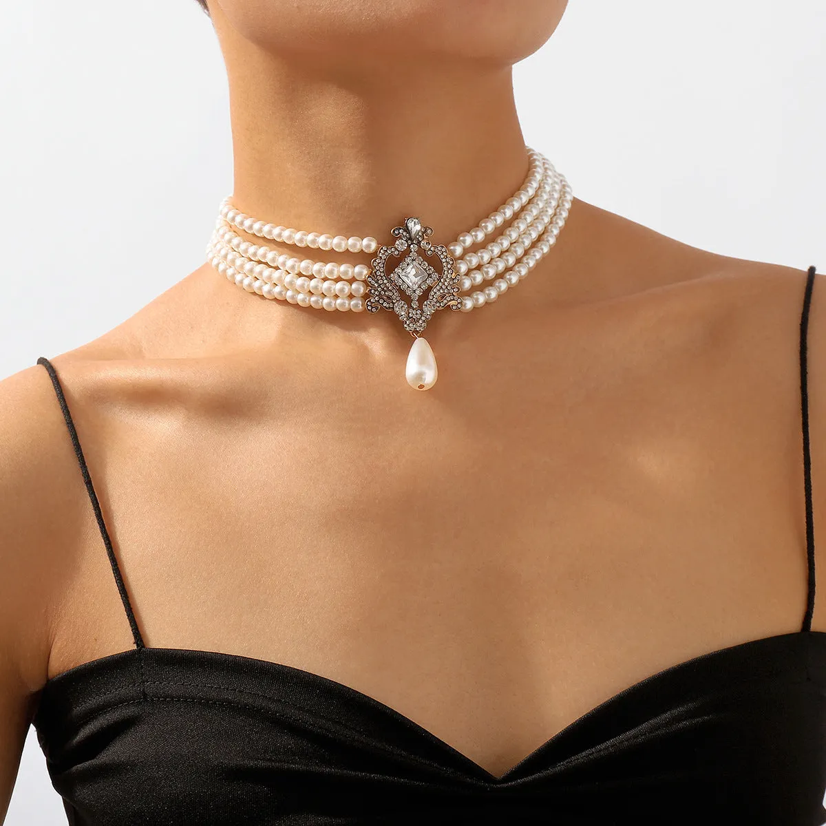 Baroque Style Multilayer Faux Pearl Necklace French Vintage Style Neck Accessory For Banquet