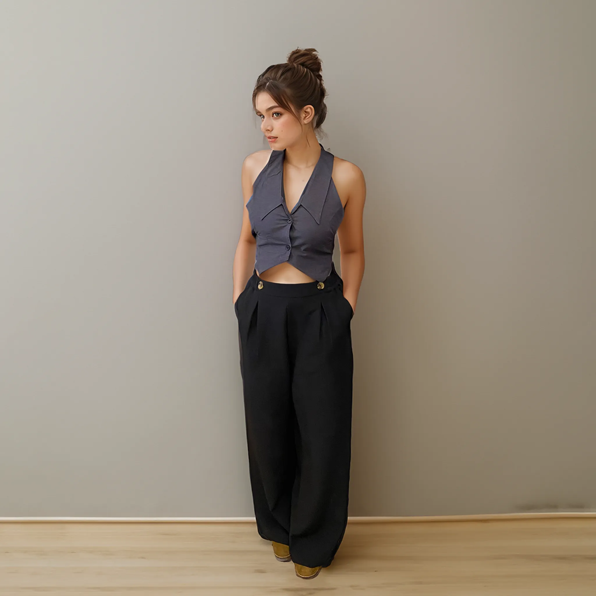 Black Korean Pants & Grey Waistcoat Set