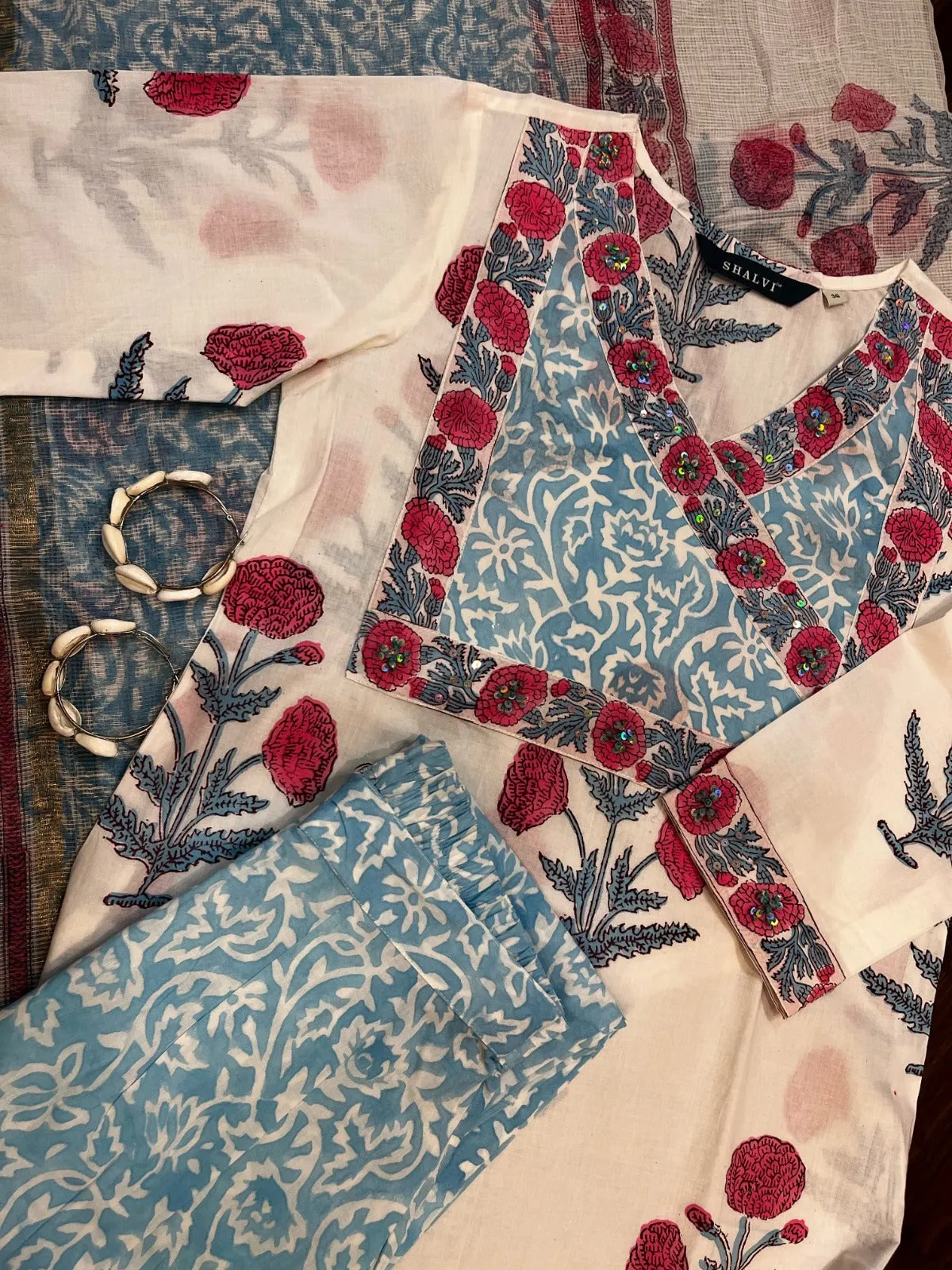 Blue Buta Hand Block Print Cotton Suit Set with Kota Doria Dupatta (CSS72KD)