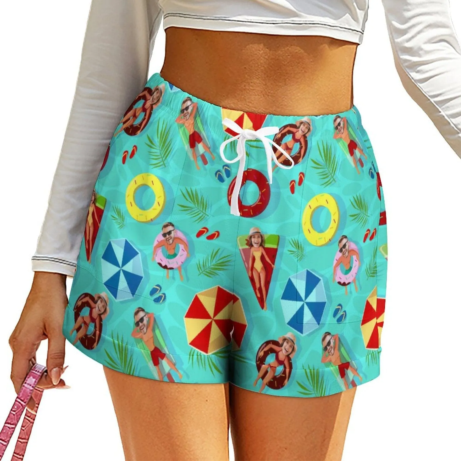 Custom Face Swimming Fun Couple Matching Beach Shorts Men's Quick-drying Beach Shorts & Women's High Waist Shorts