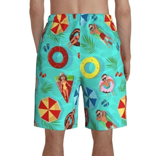 Custom Face Swimming Fun Couple Matching Beach Shorts Men's Quick-drying Beach Shorts & Women's High Waist Shorts