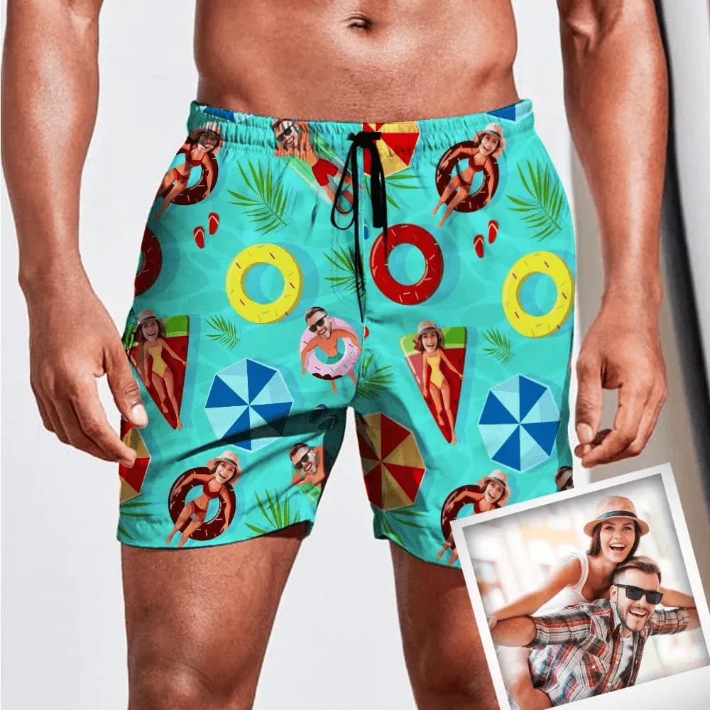 Custom Face Swimming Fun Couple Matching Beach Shorts Men's Quick-drying Beach Shorts & Women's High Waist Shorts