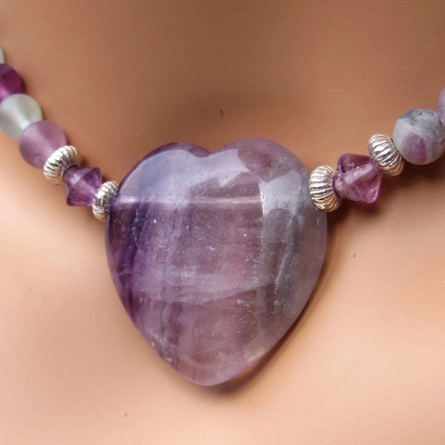 Fluorite gemstone Heart and Beads with Sterling Silver Choker