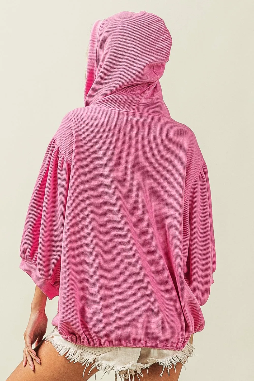 Fuchsia Waffle-Knit Half Zip Hooded Top