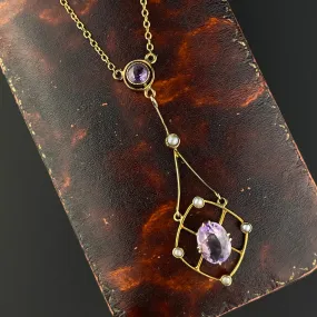 Gold Pearl Amethyst Lavalier Pendant Necklace