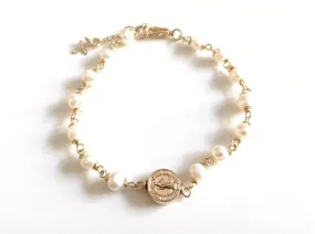 Gold St. Benedict Medal Adjustable Bracelet Freshwater Pearls