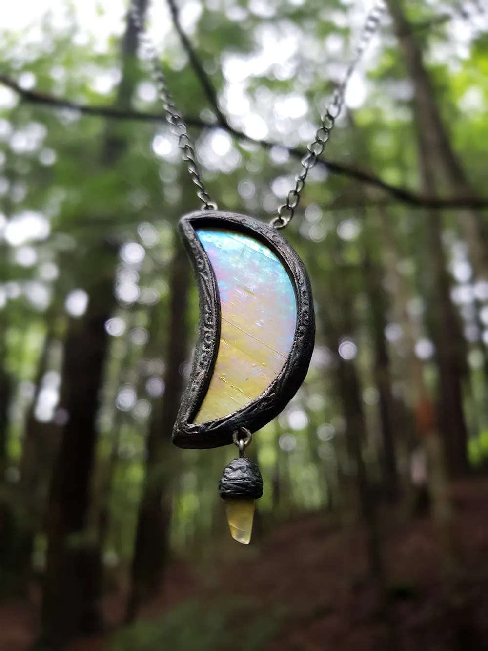 Golden Iridescent Luna Agate Stained Glass Amulet