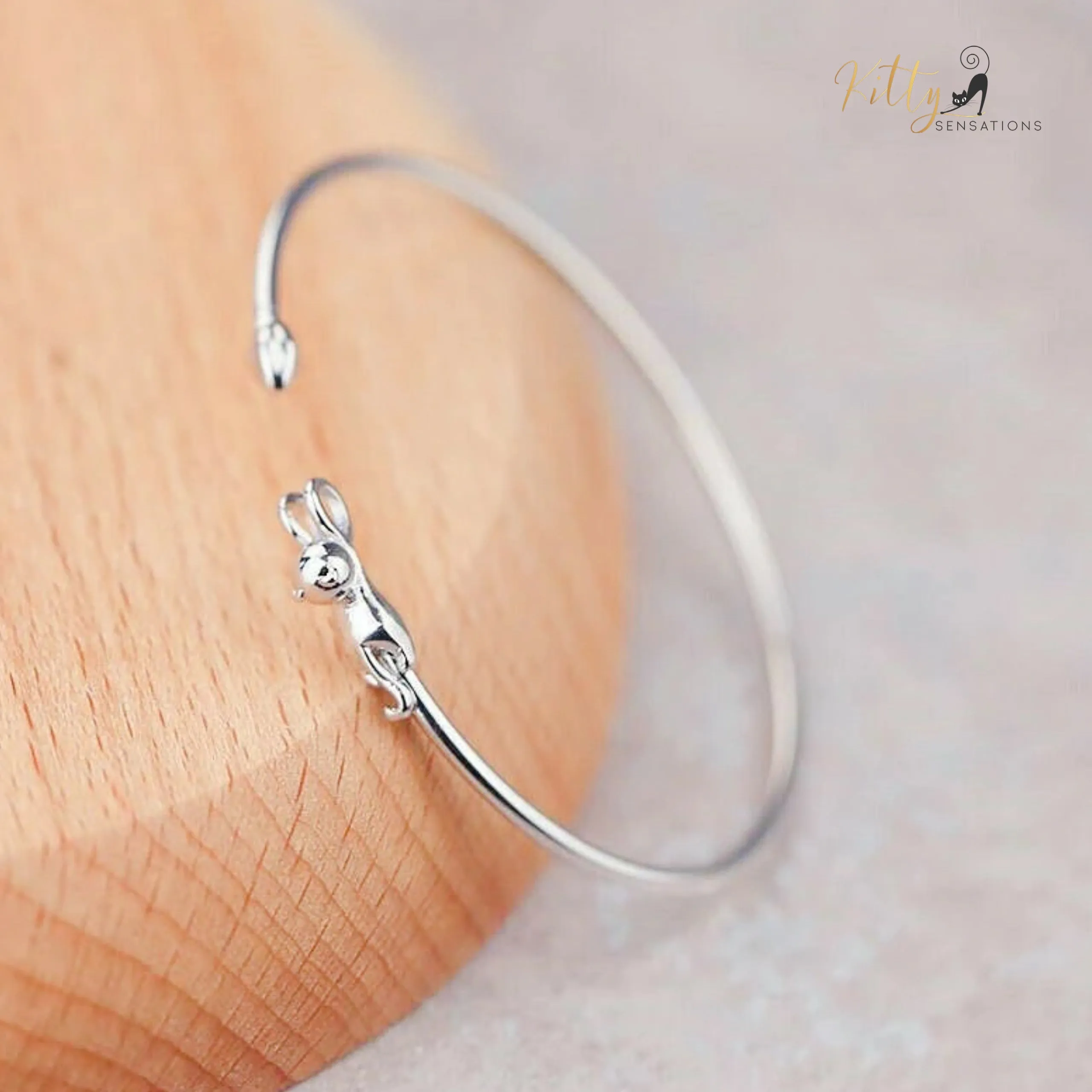 Hanging Cat Cuff Bracelet - Silver Plated (Adjustable)