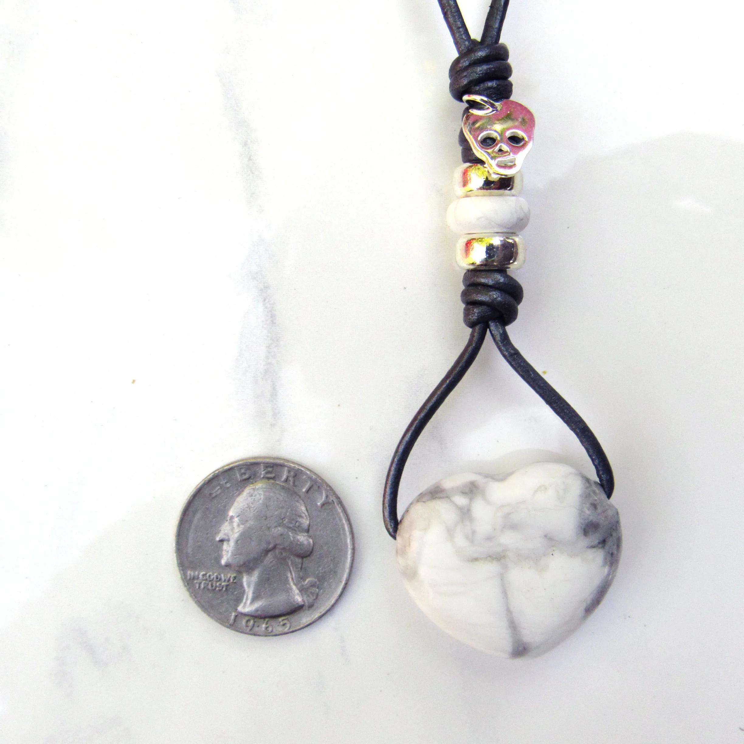 Howlite hand knotted leather with Sterling Silver Skull Necklace