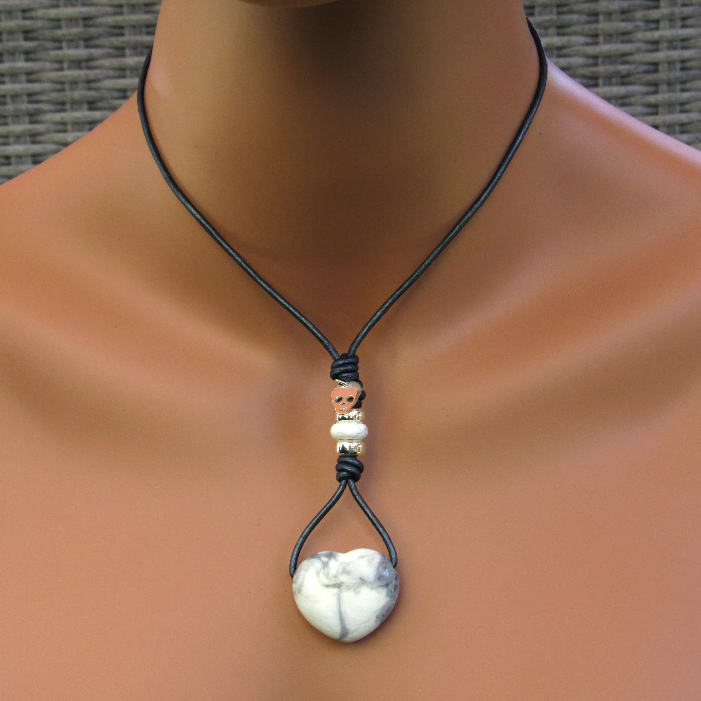 Howlite hand knotted leather with Sterling Silver Skull Necklace