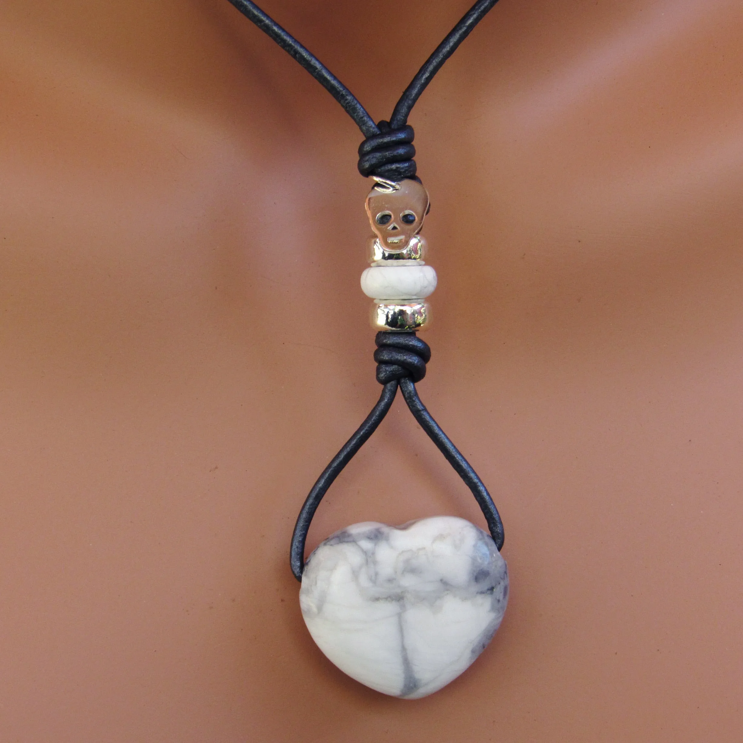 Howlite hand knotted leather with Sterling Silver Skull Necklace