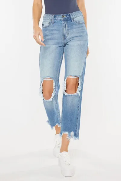 Kancan High Waist Chewed Up Straight Mom Jeans (Online Exclusive)