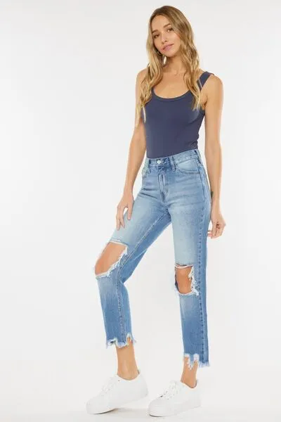 Kancan High Waist Chewed Up Straight Mom Jeans (Online Exclusive)