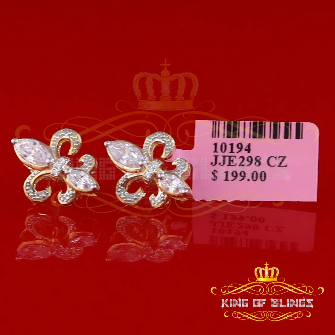 King of Bling's 925 Yellow Silver Ladies Fleur de Lis Screw Back 2.43ct Cubic Zirconia Earrings