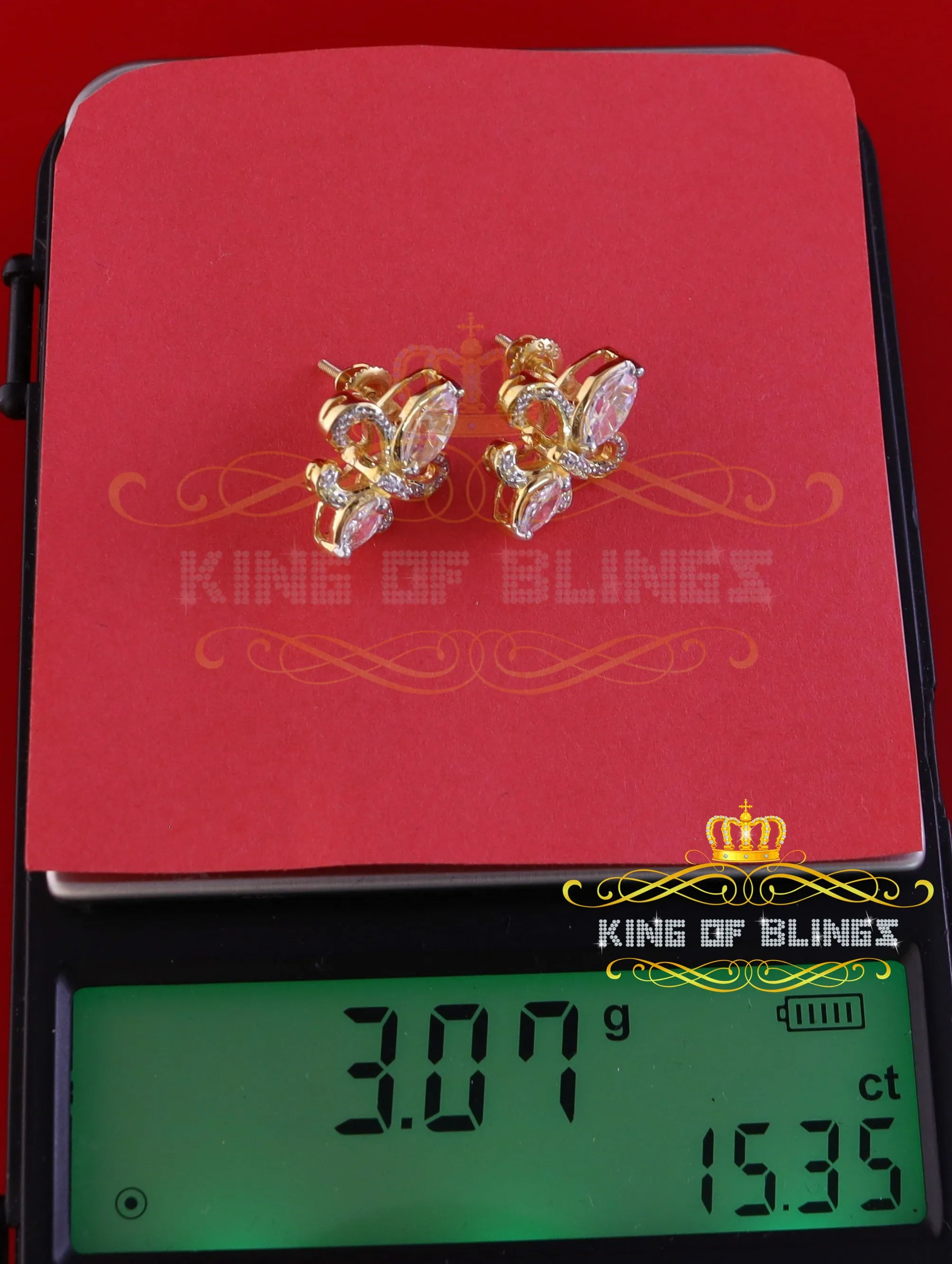 King of Bling's 925 Yellow Silver Ladies Fleur de Lis Screw Back 2.43ct Cubic Zirconia Earrings