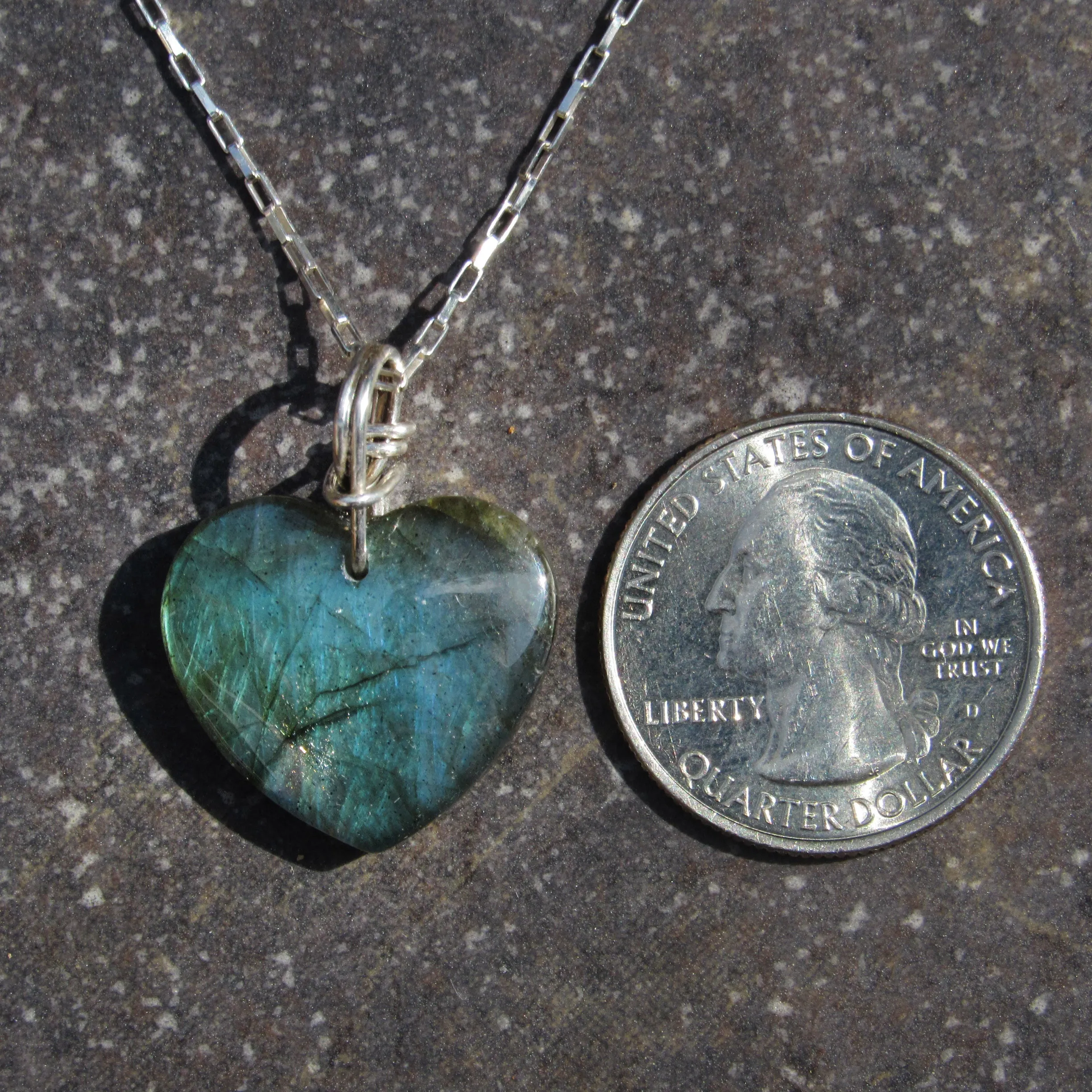 Labradorite Heart Hand Wrapped with Sterling Silver on Sterling Silver Chain