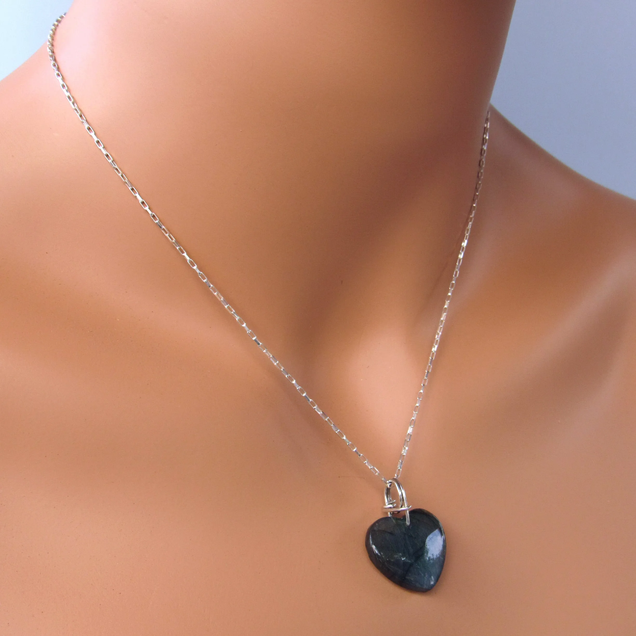 Labradorite Heart Hand Wrapped with Sterling Silver on Sterling Silver Chain