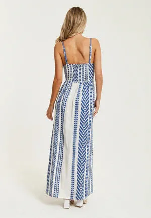 Liquorish Aztec Jacquard Maxi Dress In White And Blue