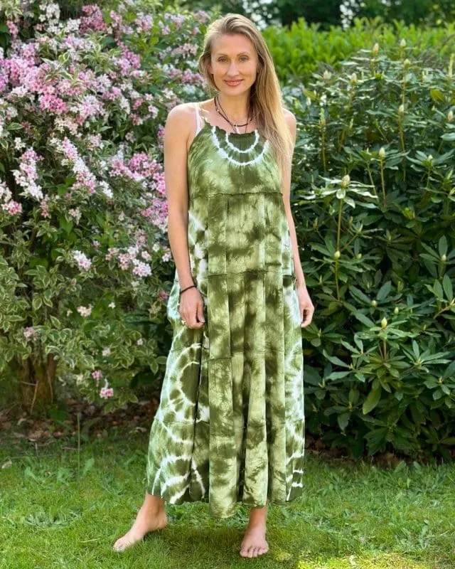 Long Tie-Dye Strap Dress - Green