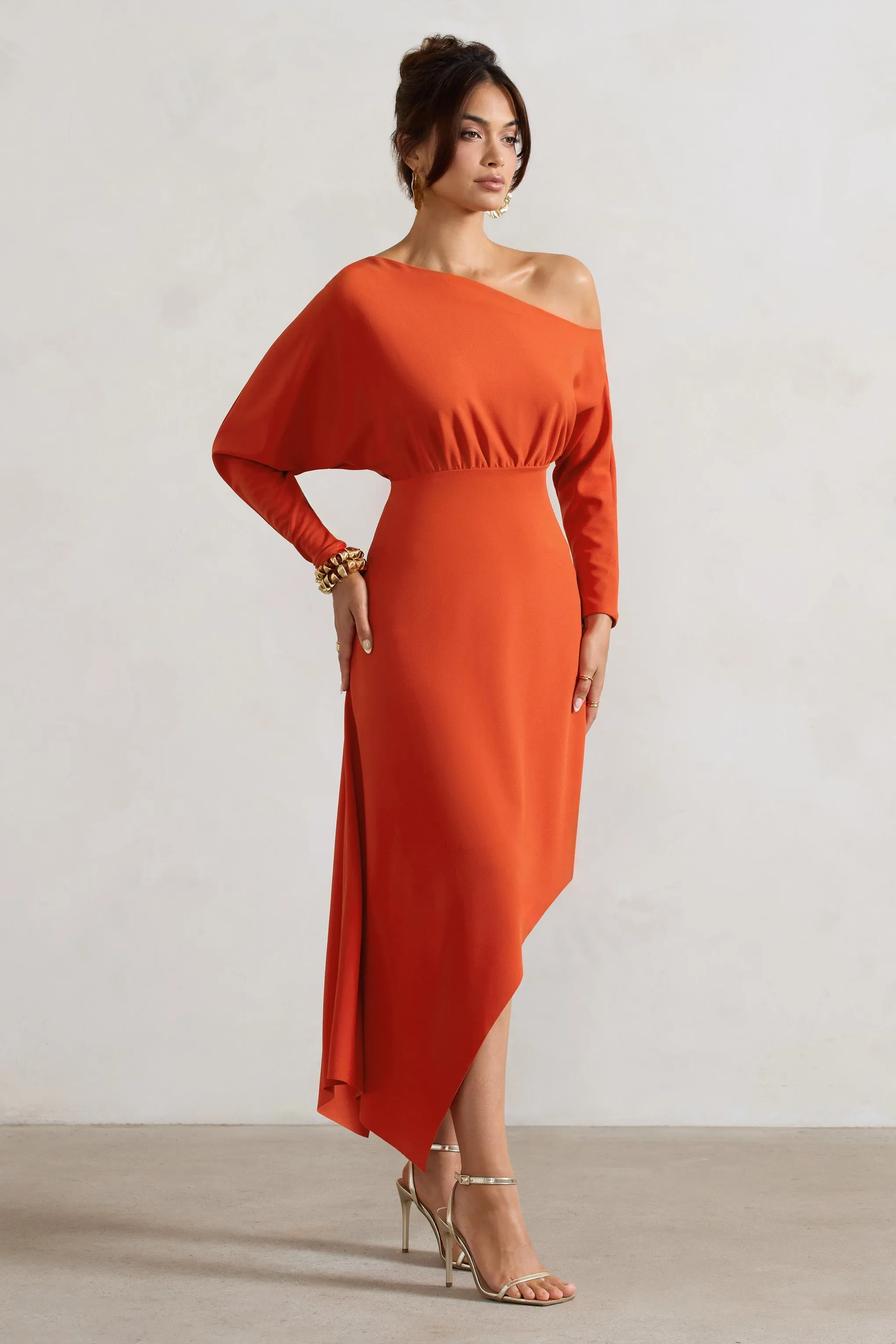 Lori | Orange Asymmetric Long-Sleeve Maxi Dress