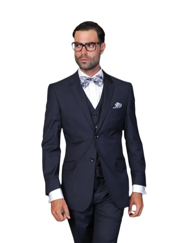 Men's 3 Piece Tailored Fit Wool Suit by Statement-Navy