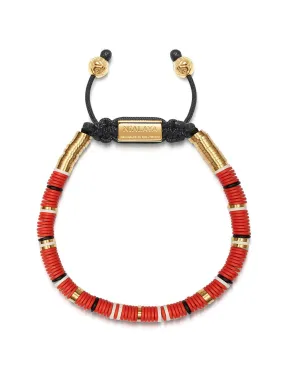 Men's Beaded Bracelet with Red, White and Gold Disc Beads