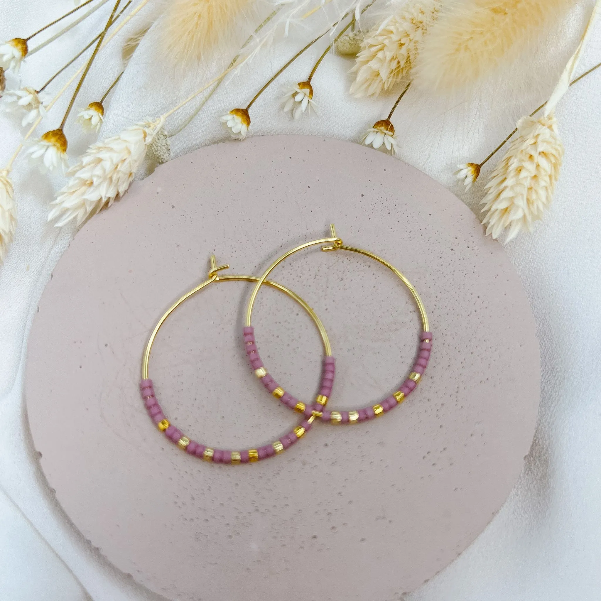 Miyuki Bead Hoop Earrings in Magenta