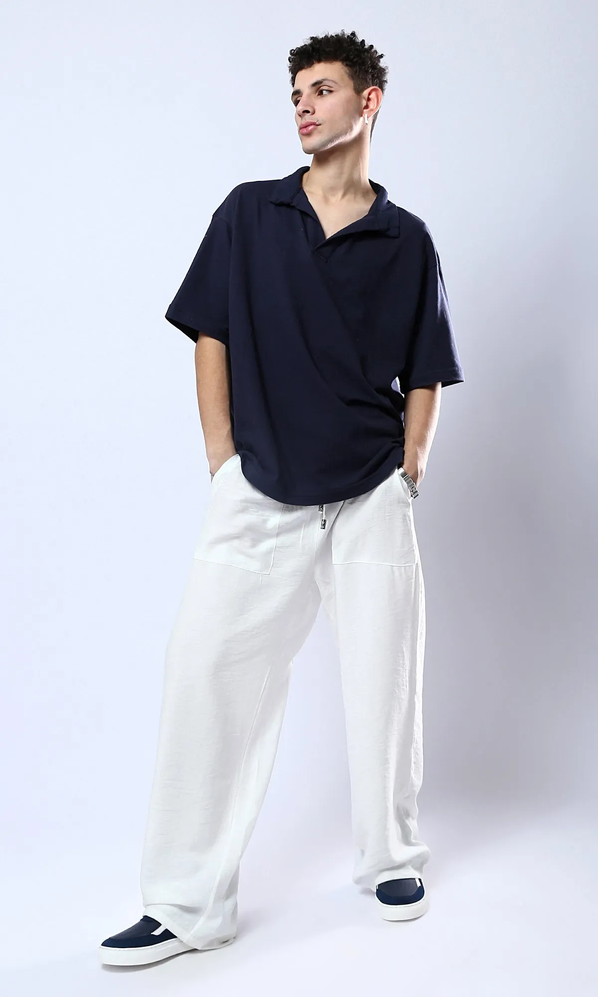 O179248 Solid Slip On Navy Blue Shirt With Classic Collar