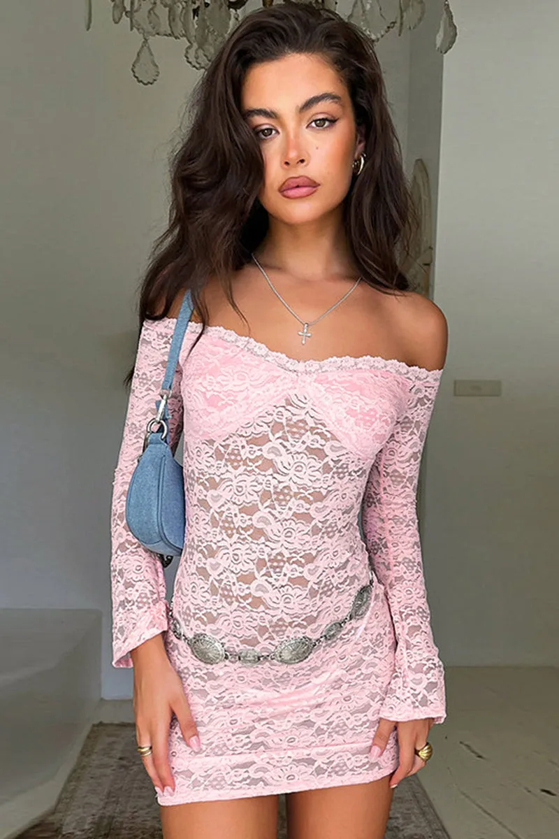 Off Shoulder Lace Long Sleeve Mini Dress