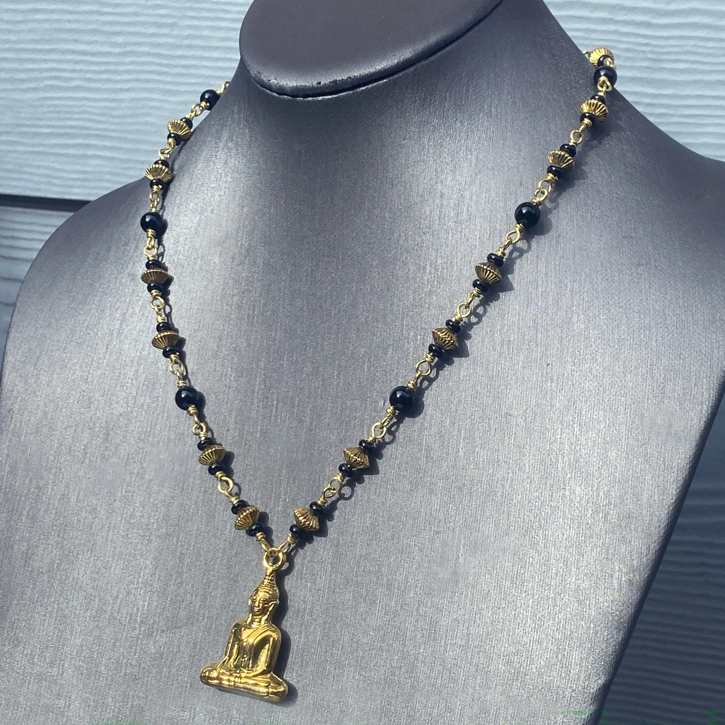 Onyx and Golden Buddha Necklace