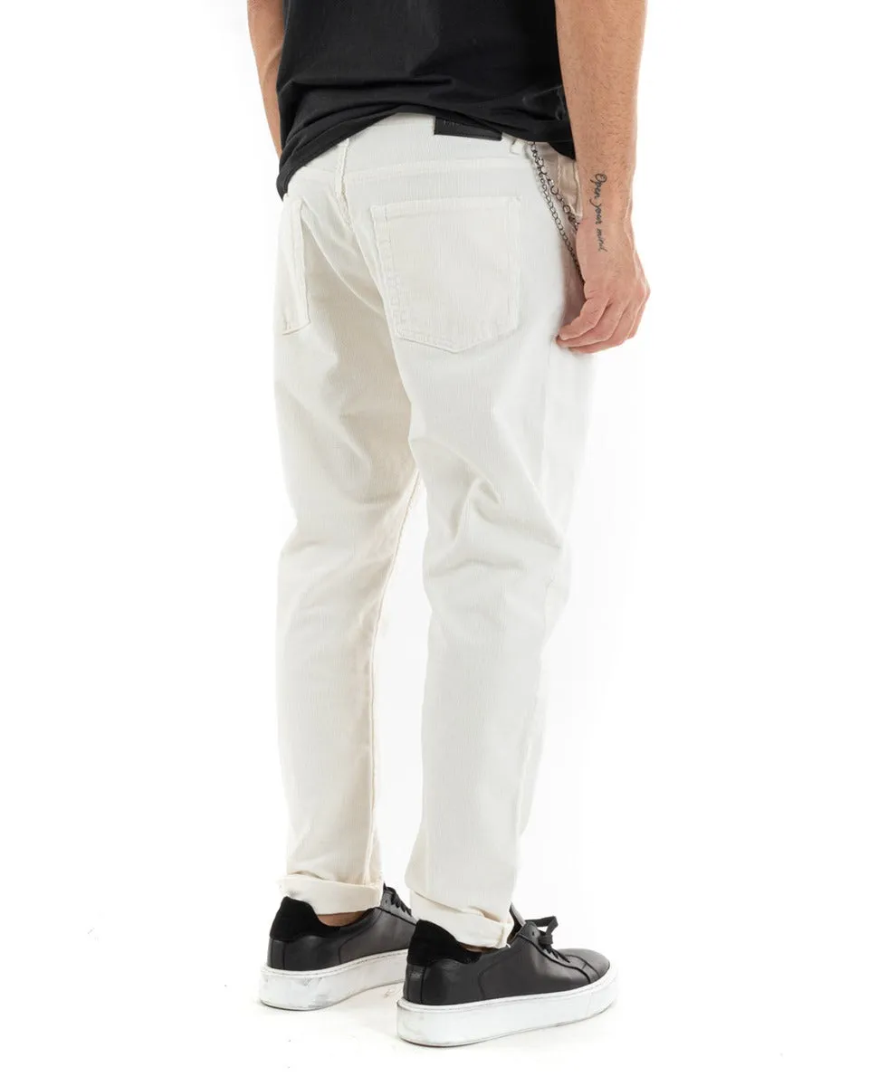 Pantaloni Uomo Cinque Tasche Velluto Millerighe Lucido Casual Panna GIOSAL-P5575A