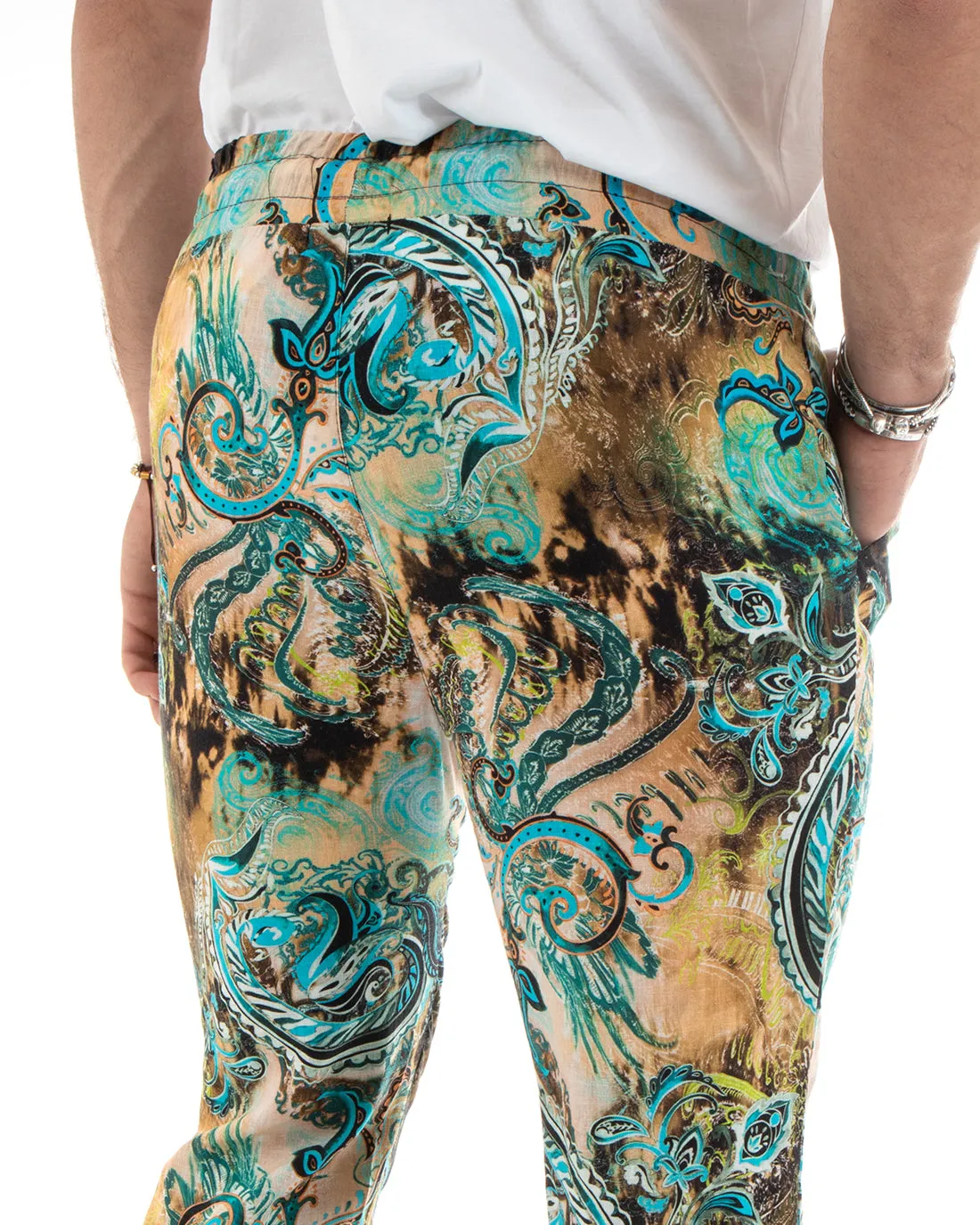 Pantaloni Uomo Pantalaccio Lino Multicolore Fantasia Floreale Elastico Casual GIOSAL-P5774A