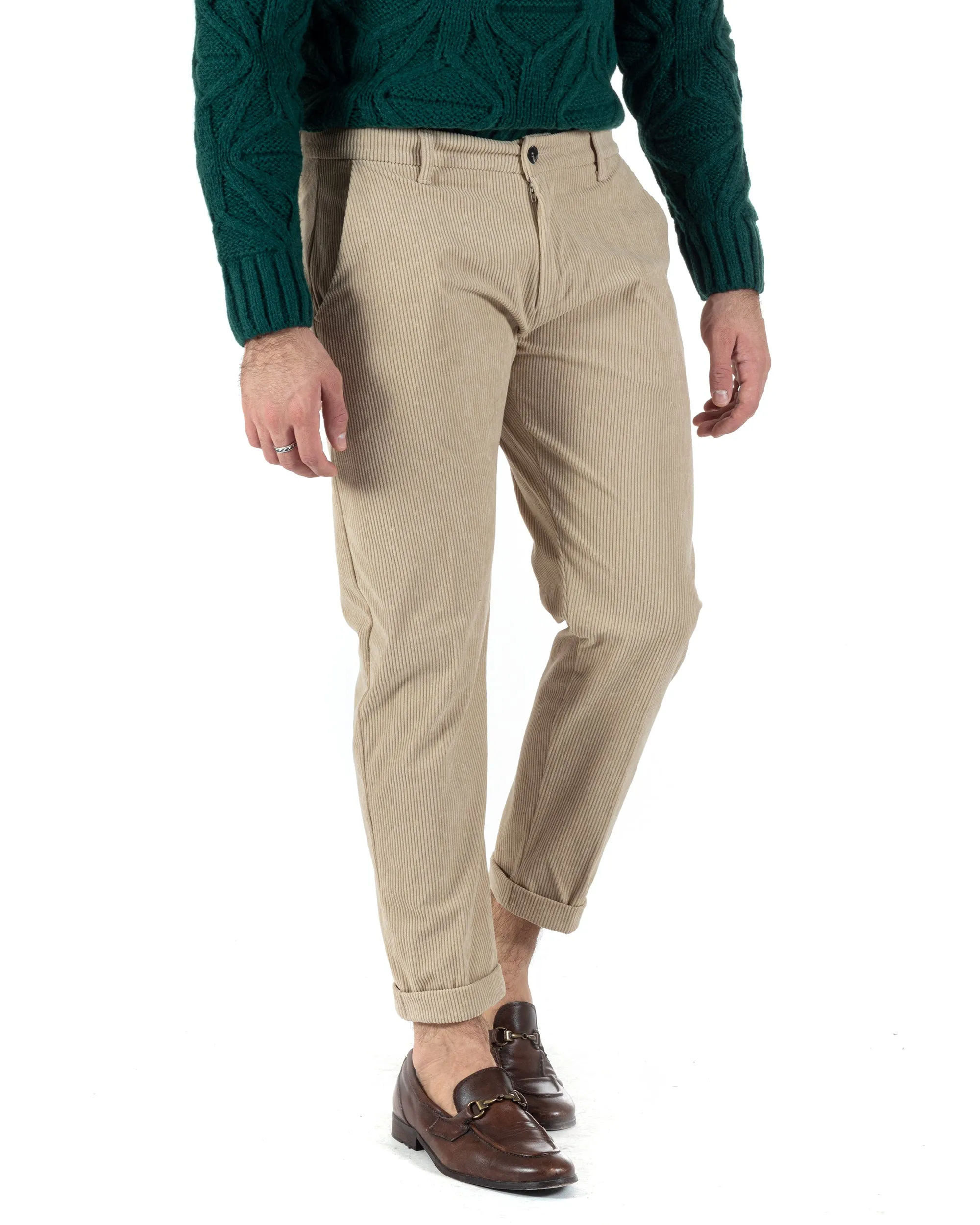 Pantaloni Uomo Tasca America Classico Velluto Costine Beige Casual GIOSAL-P6003A