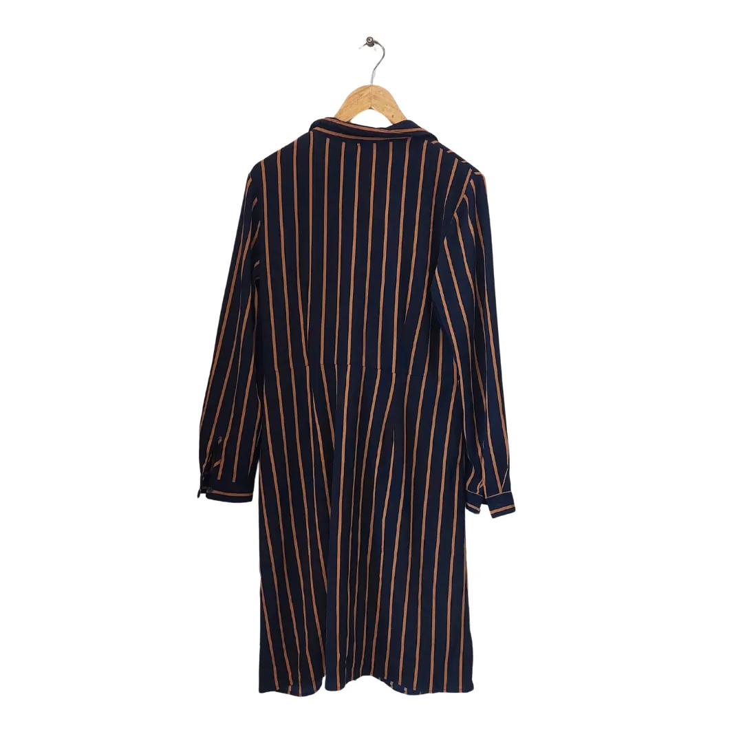 Primark Navy & Brown Striped Collared Midi Dress | Gently Used |