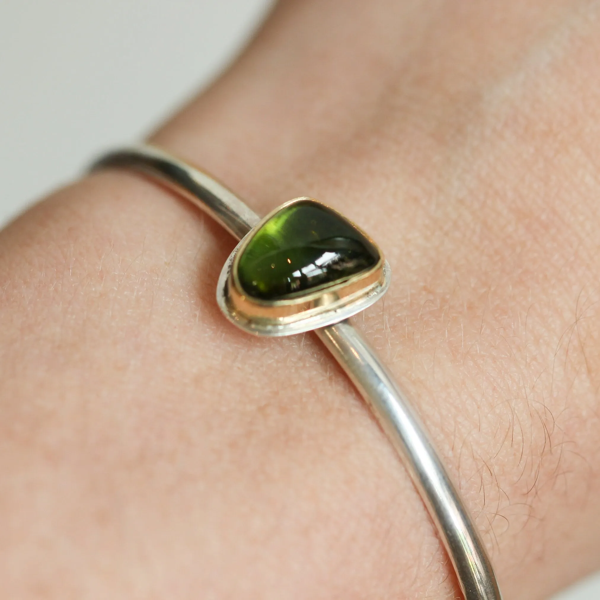 Ready to Ship - Tourmaline Cuff Bracelet - Solid Gold and Silver - Green Tourmaline Bracelet - Goldsmith